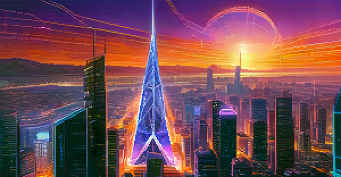 A futuristic cityscape representing Ethereum 2.0, featuring glass skyscrapers and glowing digital pathways under a vibrant sunset sky.
