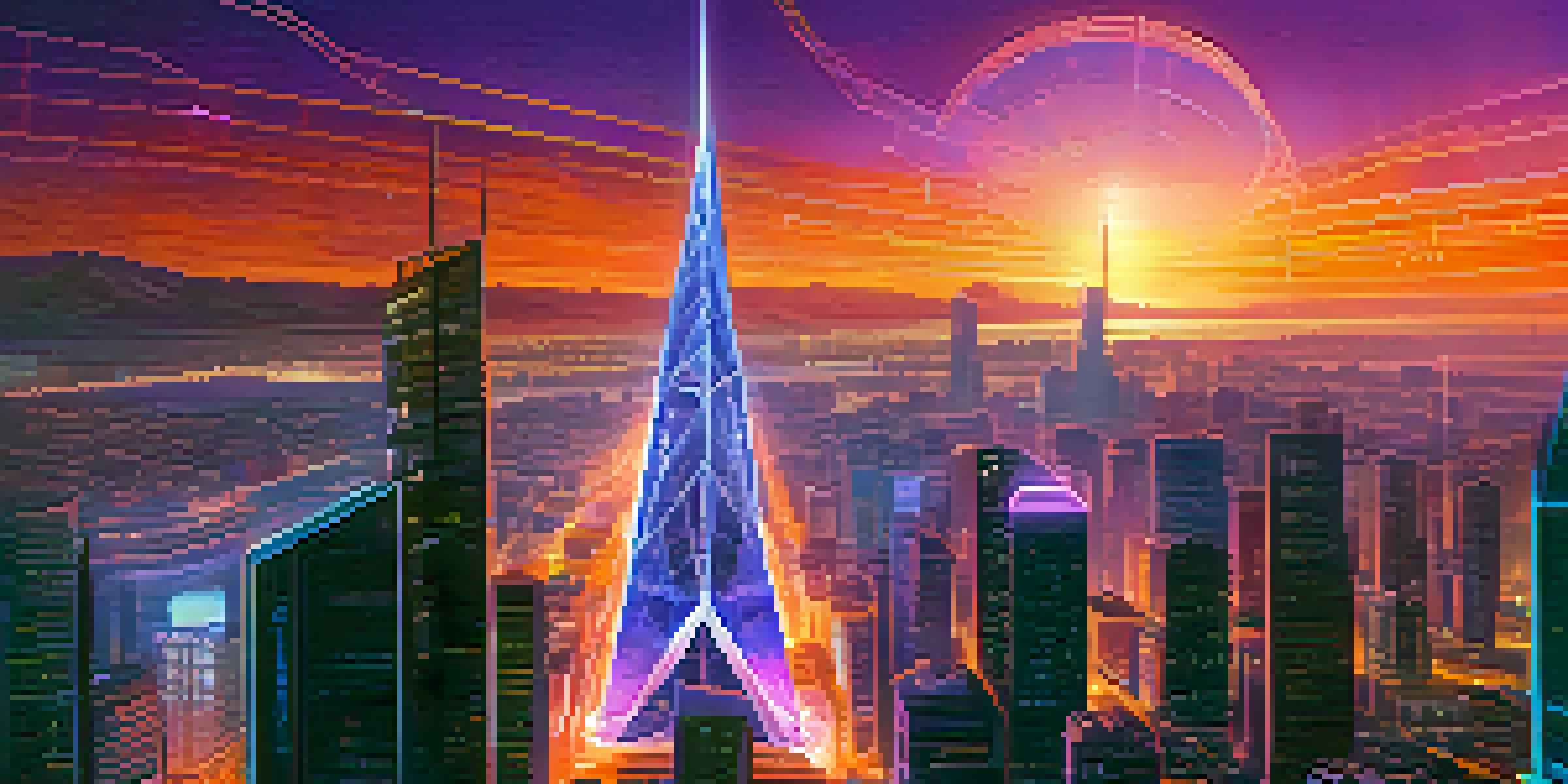 A futuristic cityscape representing Ethereum 2.0, featuring glass skyscrapers and glowing digital pathways under a vibrant sunset sky.