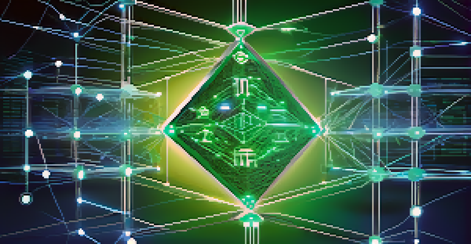 An abstract digital network with interconnected nodes and glowing lines, representing blockchain technology and currency symbols.