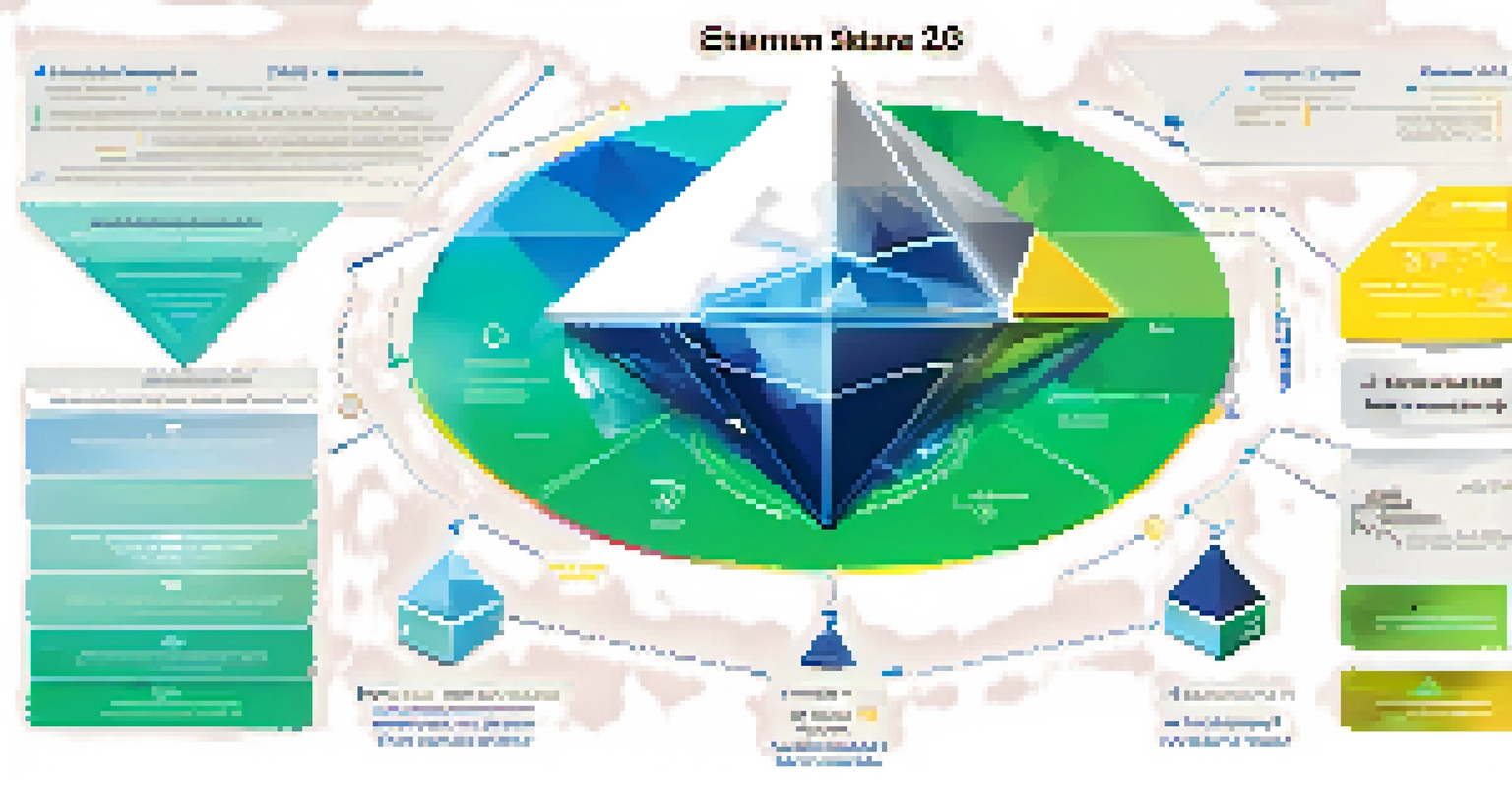 An infographic illustrating key features of Ethereum 2.0, with icons for proof-of-stake, shard chains, and the Beacon Chain in a circular layout.