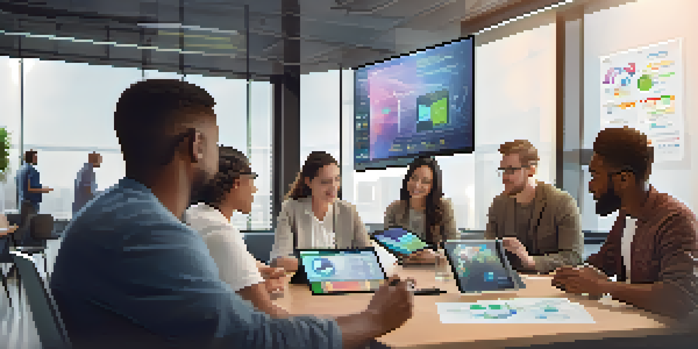 A diverse group of people discussing a digital tablet displaying a decentralized application in a bright, modern workspace.