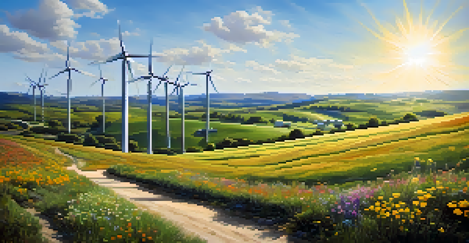 A serene landscape with solar panels, rolling hills, and wind turbines under a clear blue sky.