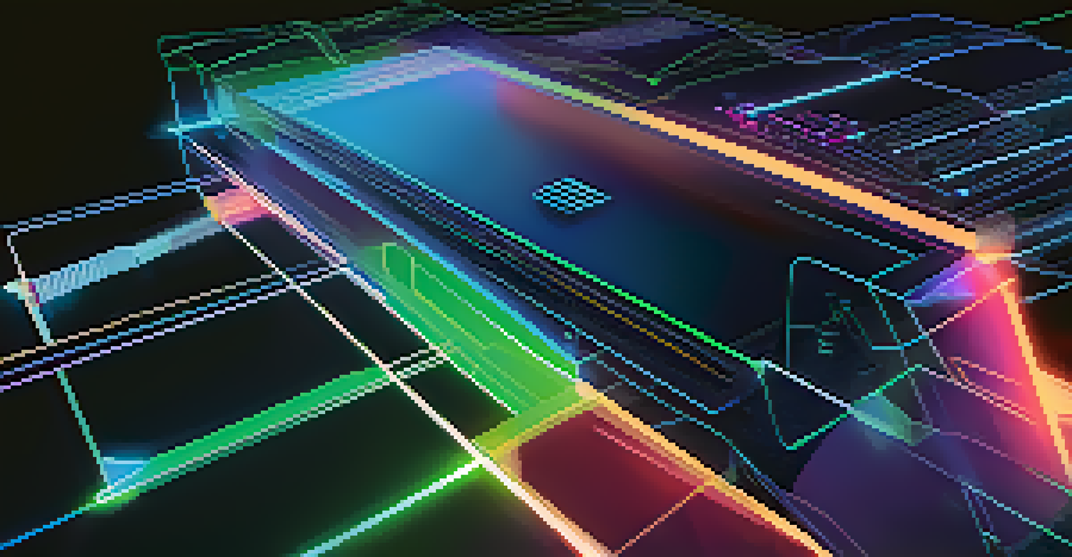 A futuristic digital contract depicted as a glowing holographic document with blockchain nodes, against a dark backdrop with neon colors.
