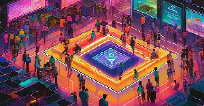 A colorful digital marketplace scene showcasing various floating tokens in a liquidity pool, with users interacting with wallets in a futuristic environment.