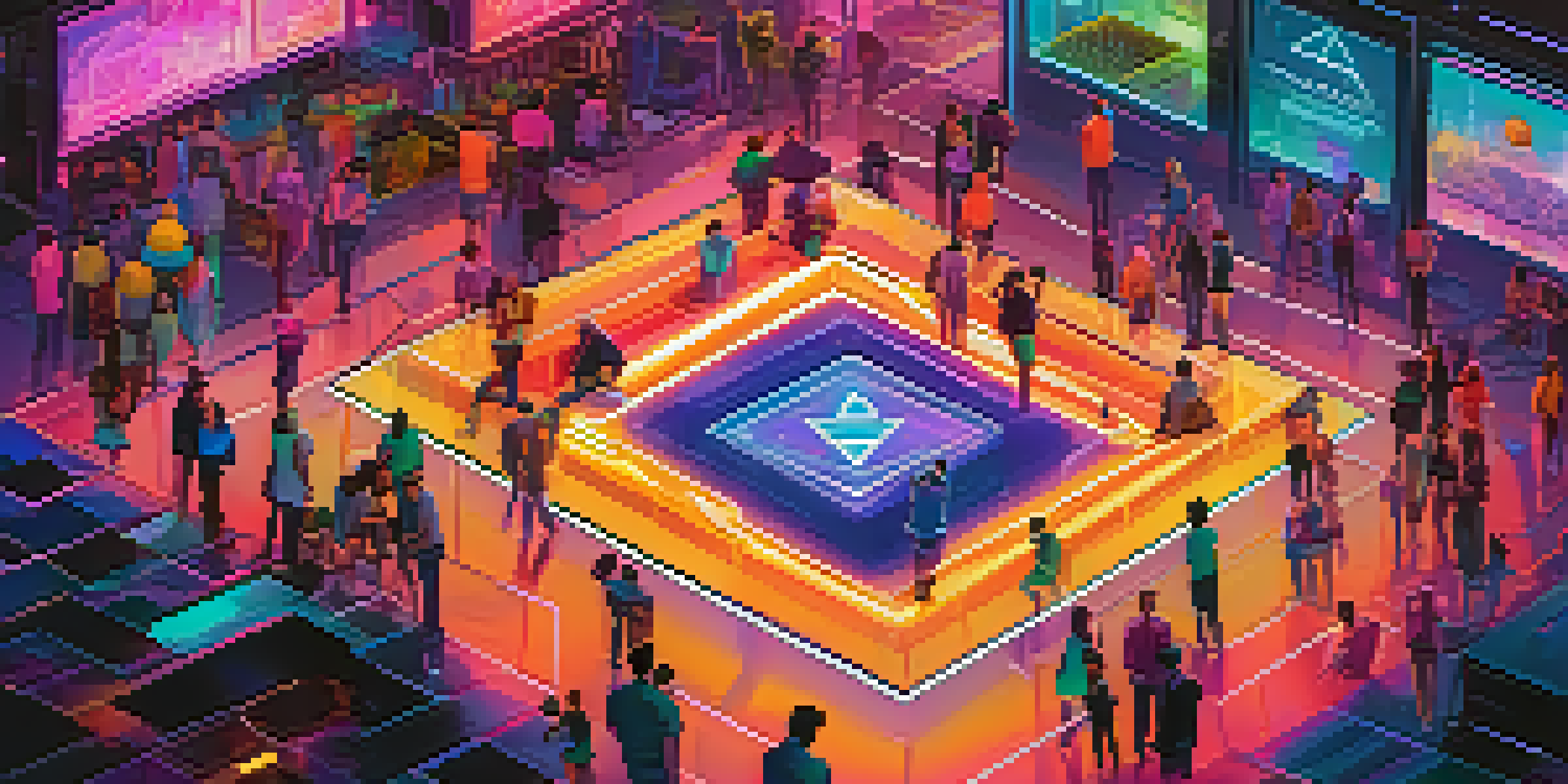 A colorful digital marketplace scene showcasing various floating tokens in a liquidity pool, with users interacting with wallets in a futuristic environment.