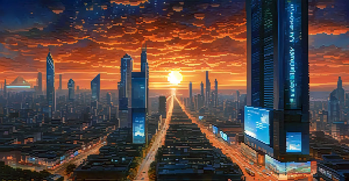 A bustling futuristic city at dusk with illuminated skyscrapers and flying vehicles, set against a transitioning sky from orange to dark blue.
