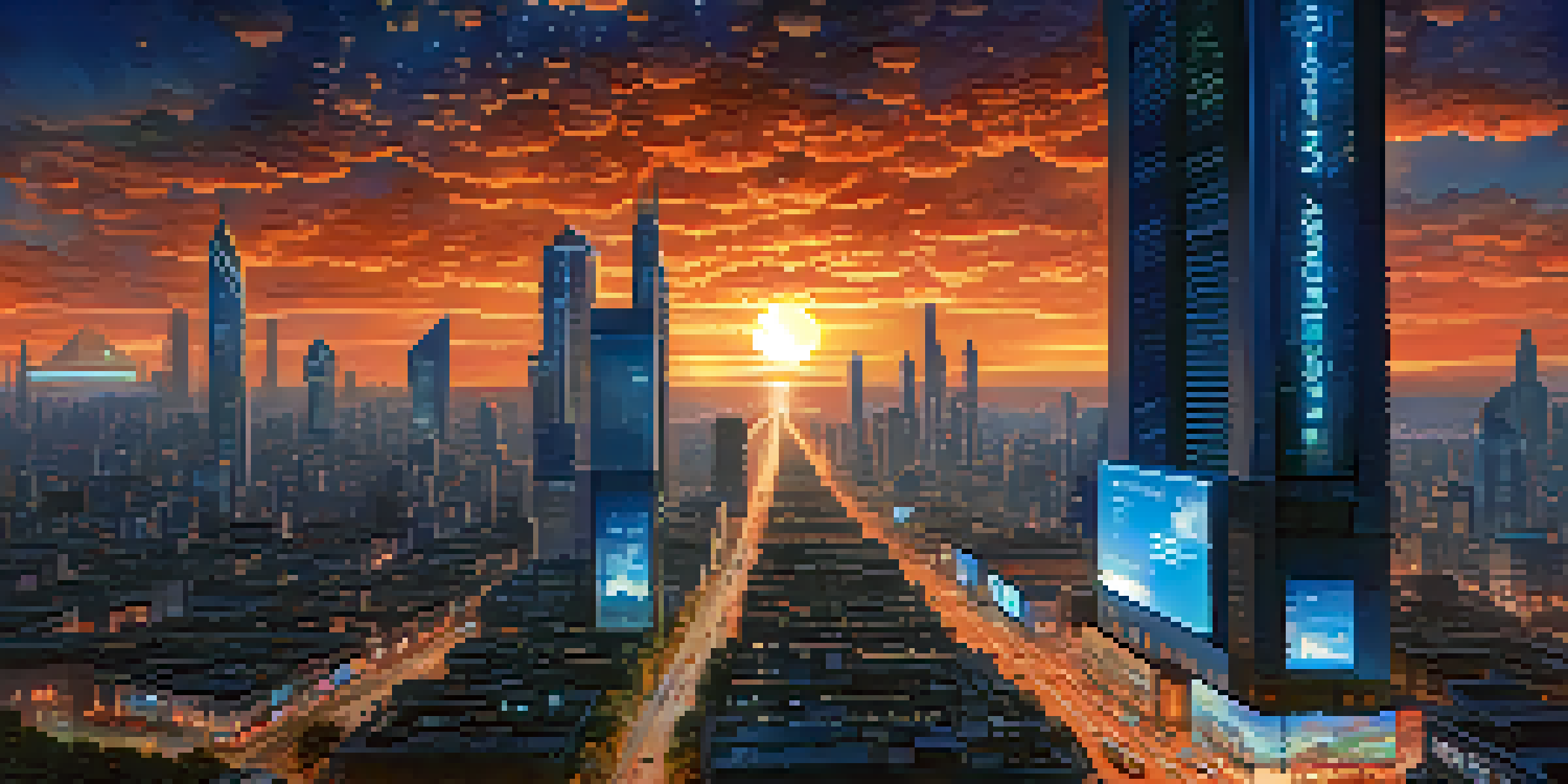 A bustling futuristic city at dusk with illuminated skyscrapers and flying vehicles, set against a transitioning sky from orange to dark blue.