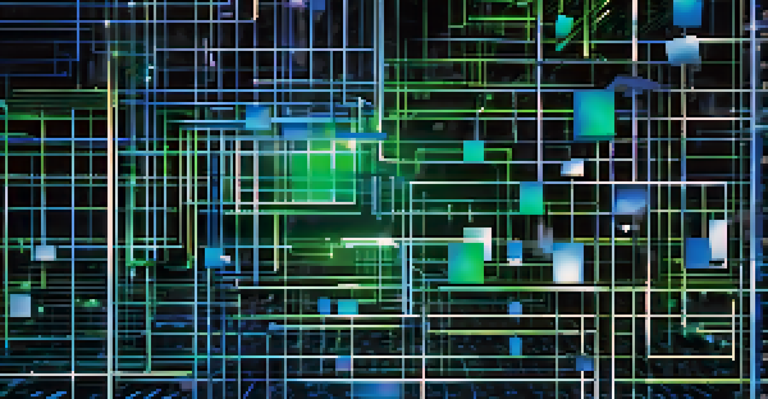 An abstract digital representation of blockchain technology with interconnected glowing blocks.