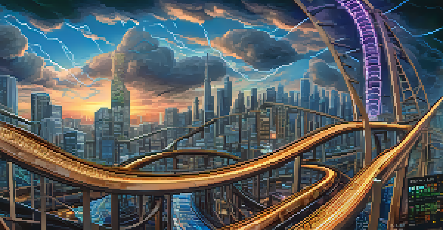 A rollercoaster track in a cityscape with digital screens showing fluctuating cryptocurrency prices, illustrating market volatility.