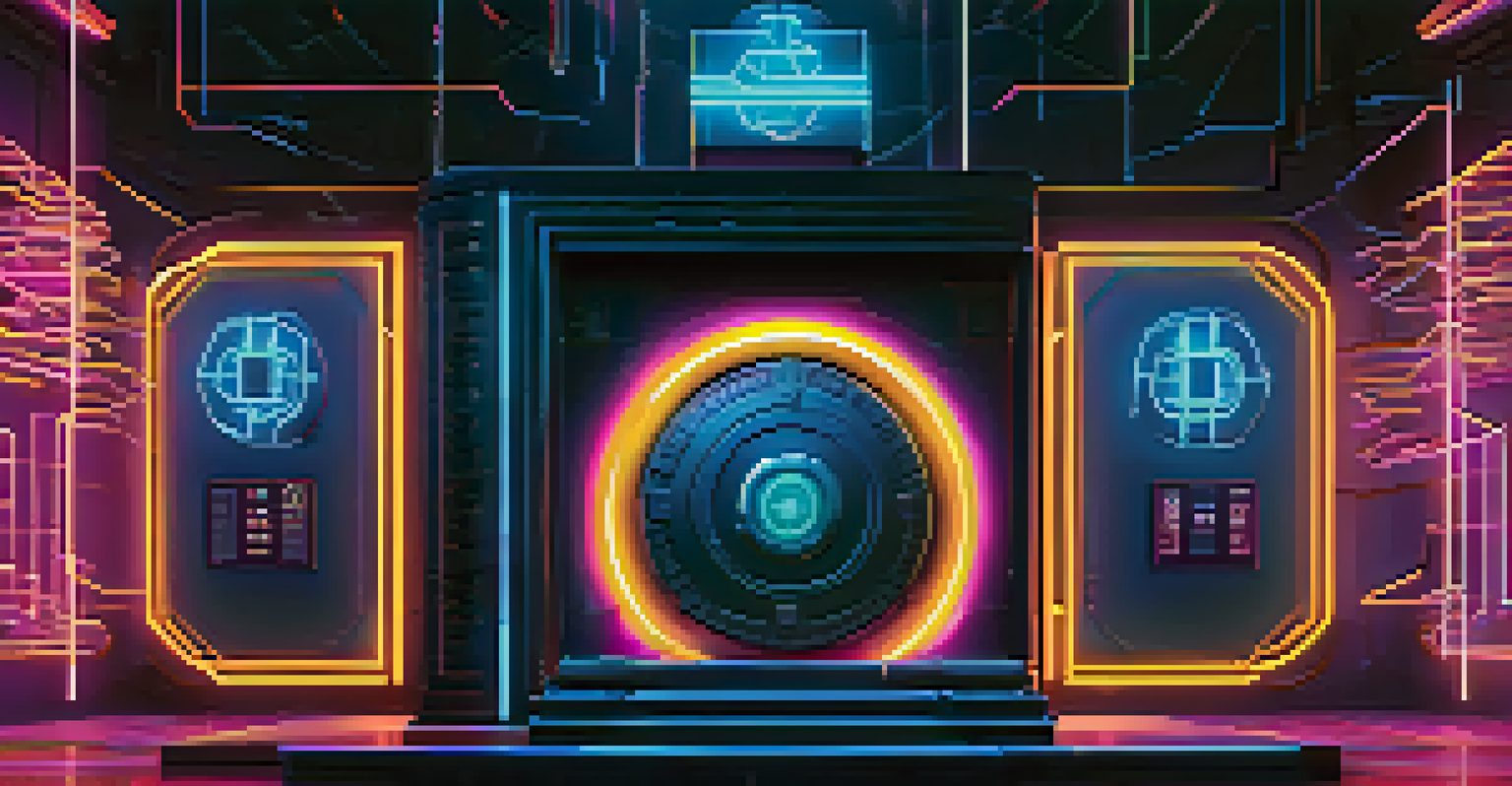 An abstract image of a digital vault protected by a shield, symbolizing security in a DAO, with glowing coins inside.