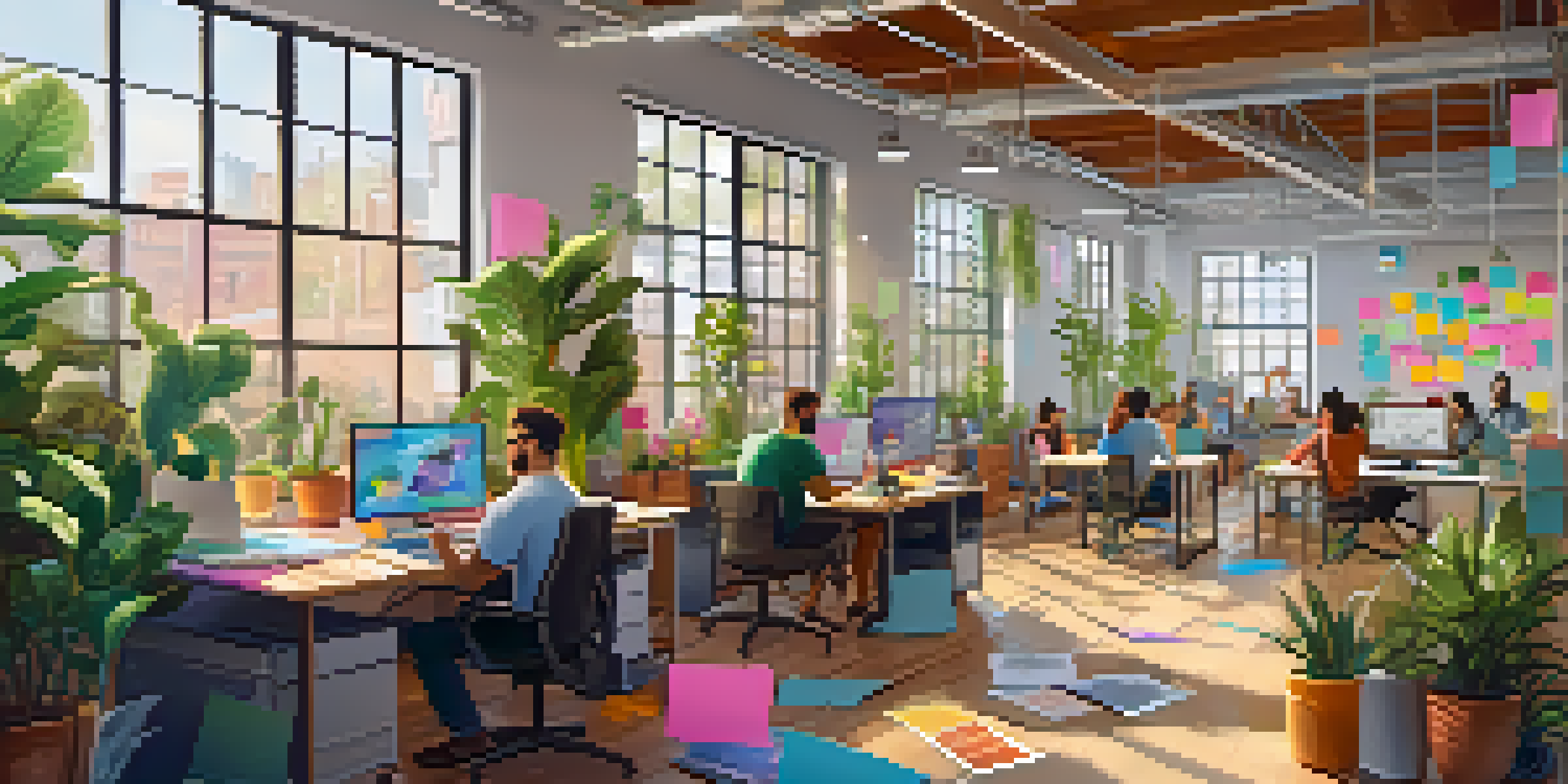 A diverse group of remote workers collaborating in a bright workspace with laptops and colorful notes.