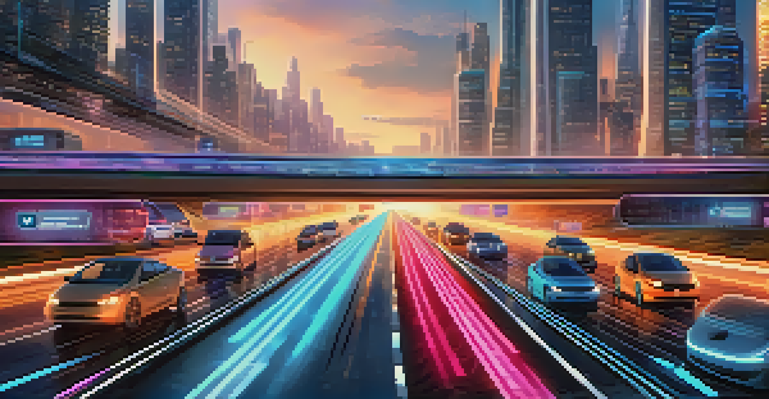 A futuristic digital highway illustrating Layer 2 blockchain solutions with smooth traffic, contrasted with a congested Layer 1 highway in the background.