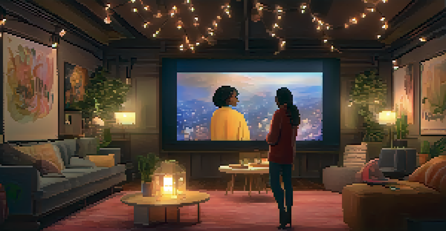 A virtual event space where artists and fans interact, with a screen showing digital art and cozy lighting.