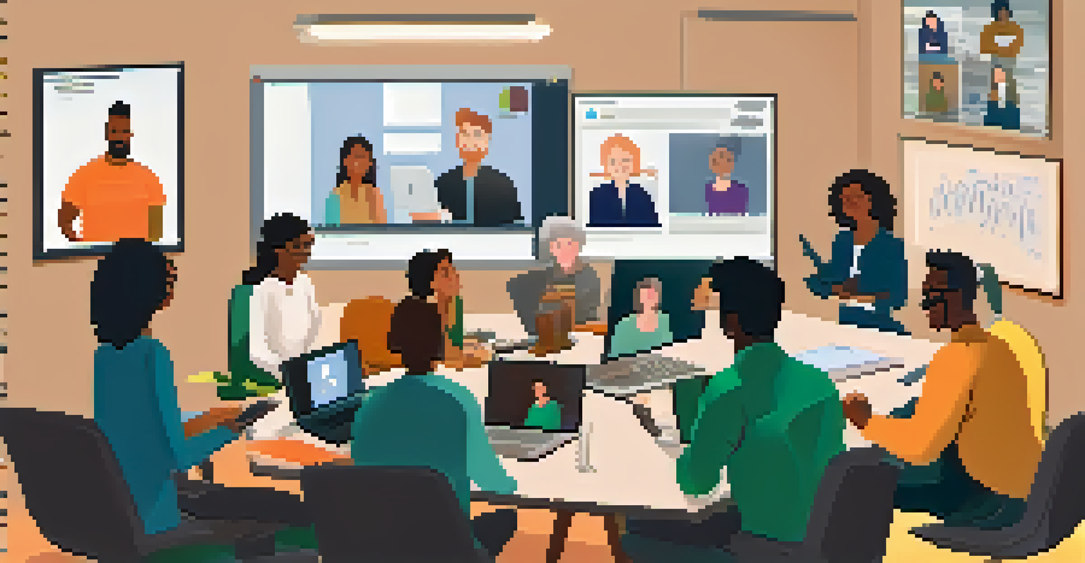 A virtual meeting with diverse participants on a video call, collaborating in a brainstorming session with digital notes.