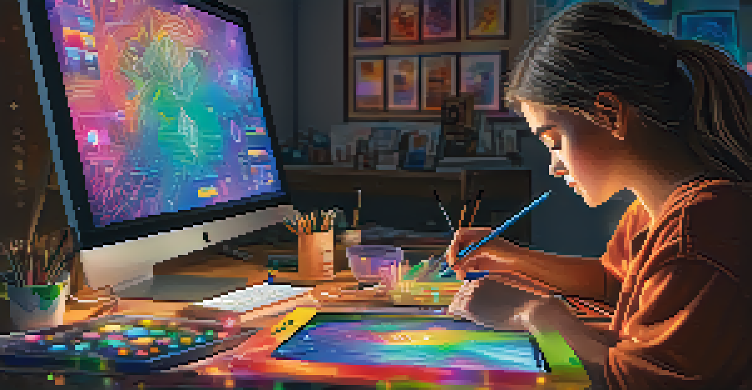 A young artist working on a digital tablet to tokenize their artwork, surrounded by colorful art supplies and screens showing cryptocurrency data.