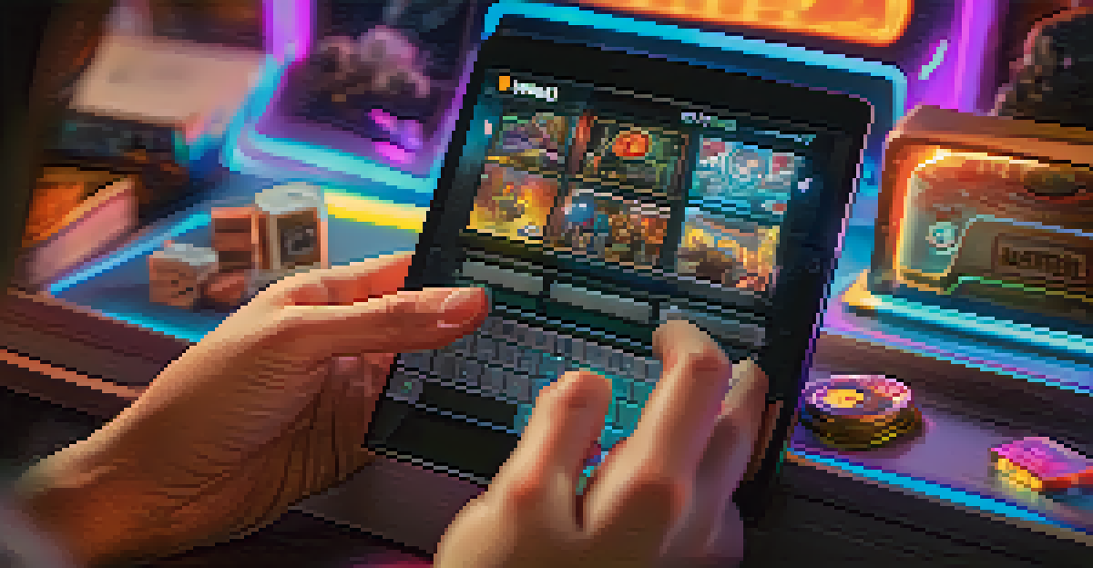 A close-up of a gamer’s hands using a digital wallet on a tablet, surrounded by glowing NFT collectibles in a cozy gaming setup.