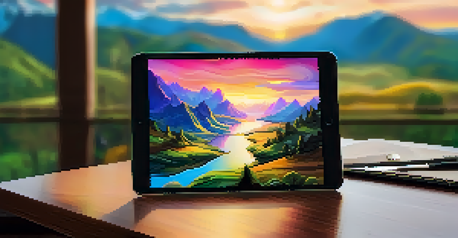 A digital tablet showing a colorful fantasy landscape painting, with a stylus beside it on a wooden table.