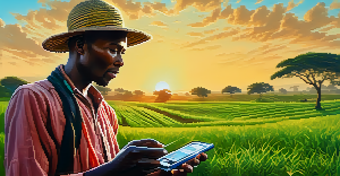 A farmer in rural Africa using a smartphone to send money, surrounded by green fields and blue sky.