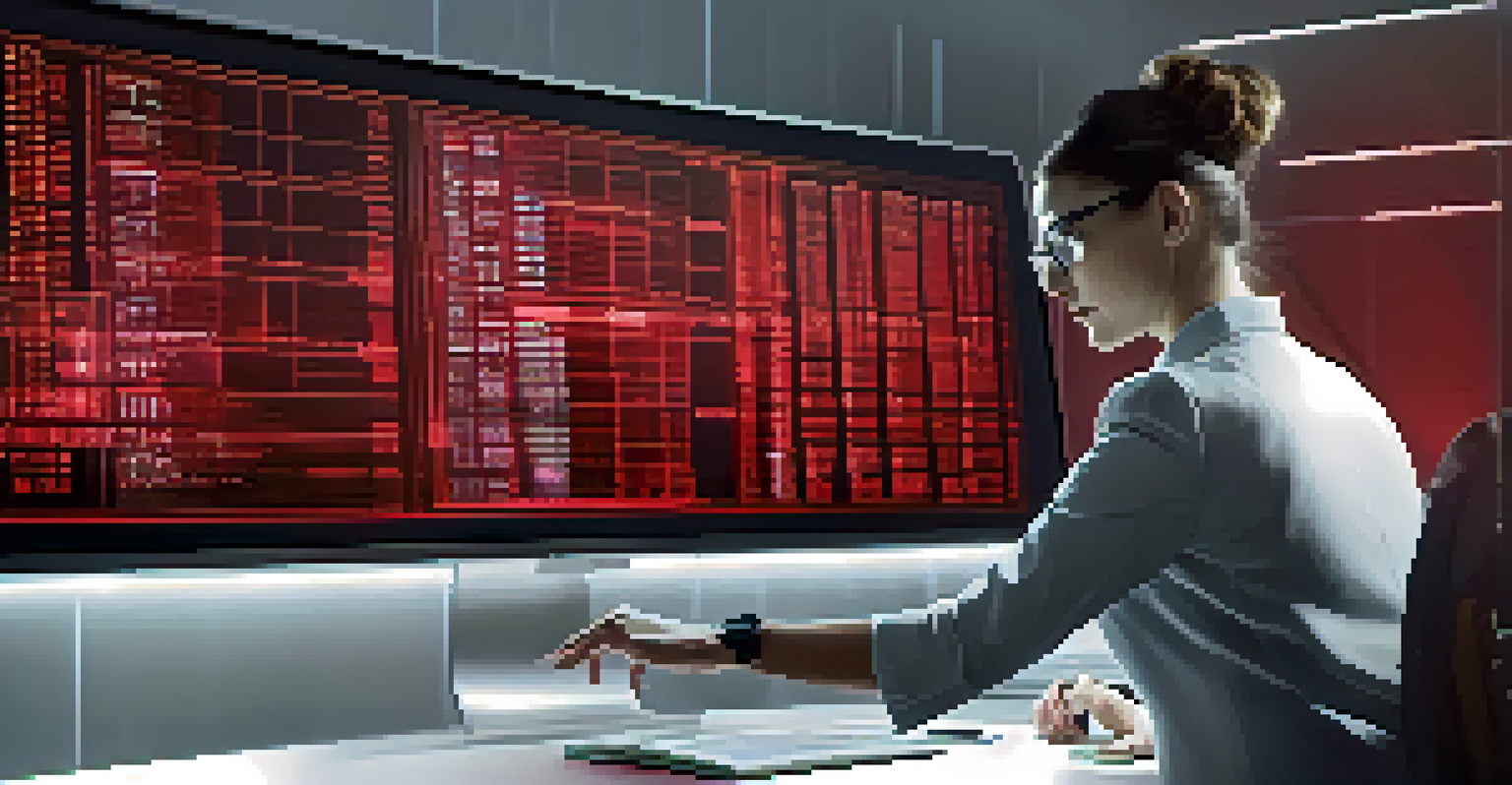 A middle-aged woman auditor analyzing a smart contract on a digital display, with vulnerabilities highlighted in red on a holographic graph.
