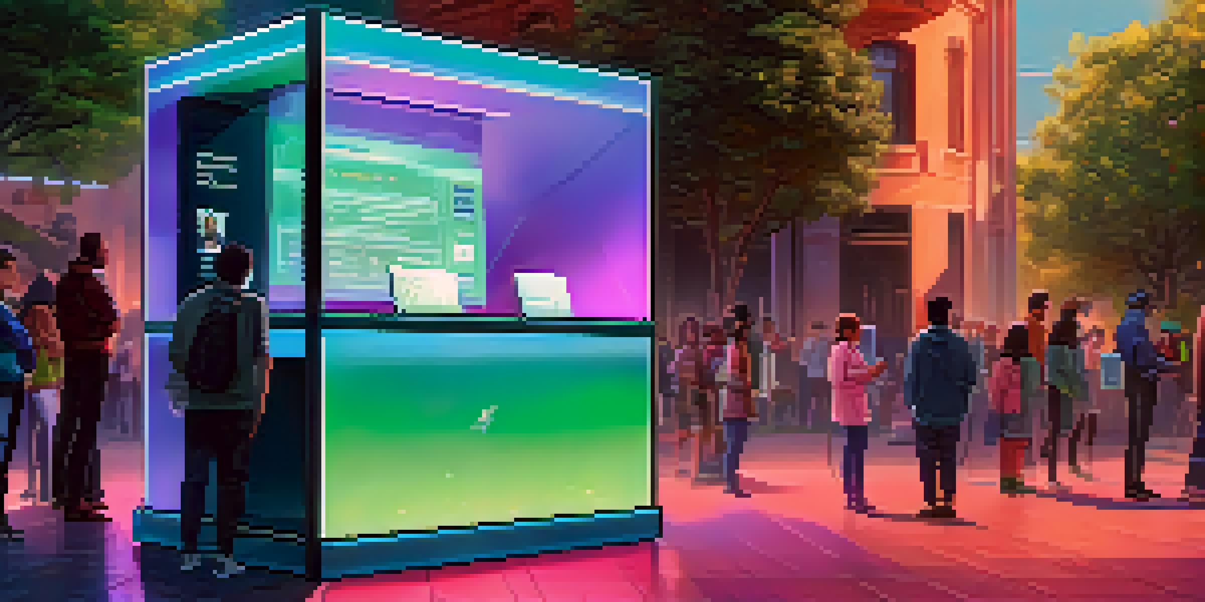 A modern voting booth with a digital interface where diverse citizens are casting their votes, illuminated by blue and green lighting.