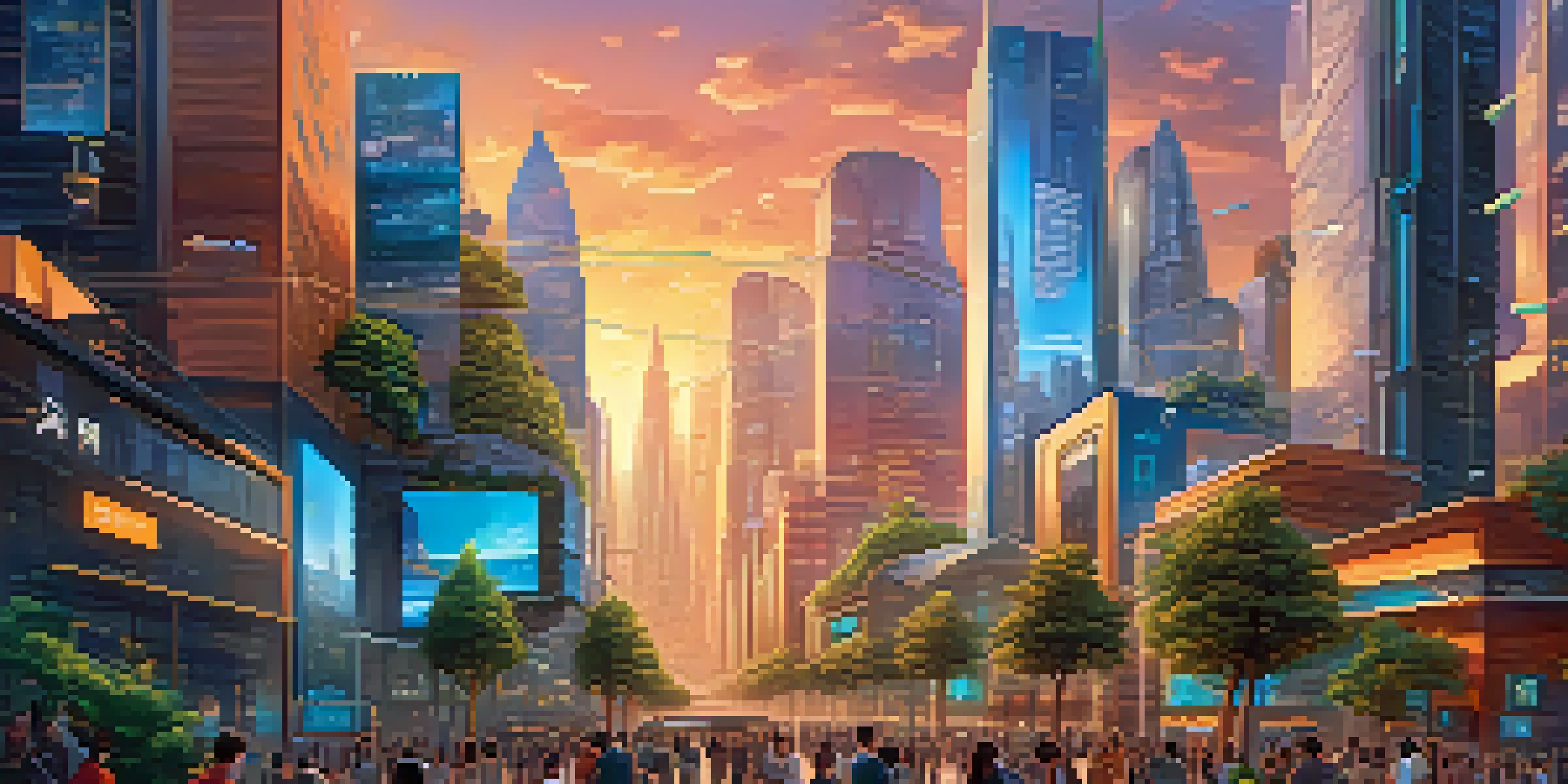 A vibrant futuristic city with sleek buildings and digital displays, set against a warm sunset sky, depicting a blockchain-powered economy.