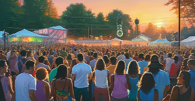 A lively outdoor concert with a diverse crowd enjoying music, vibrant stage lights, and fans displaying social tokens.