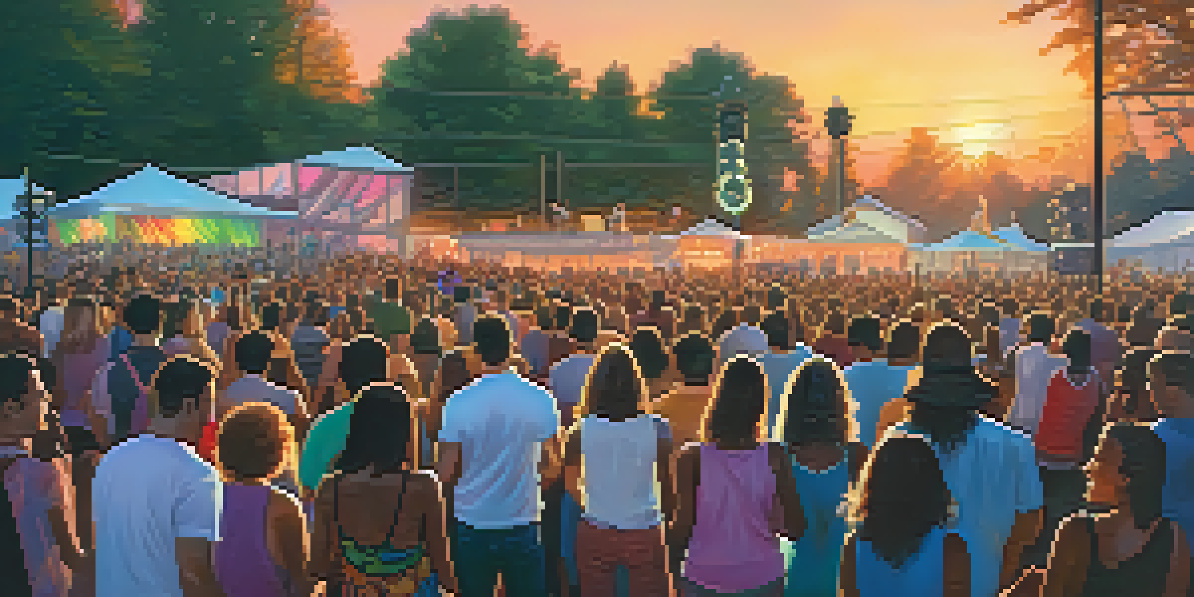 A lively outdoor concert with a diverse crowd enjoying music, vibrant stage lights, and fans displaying social tokens.