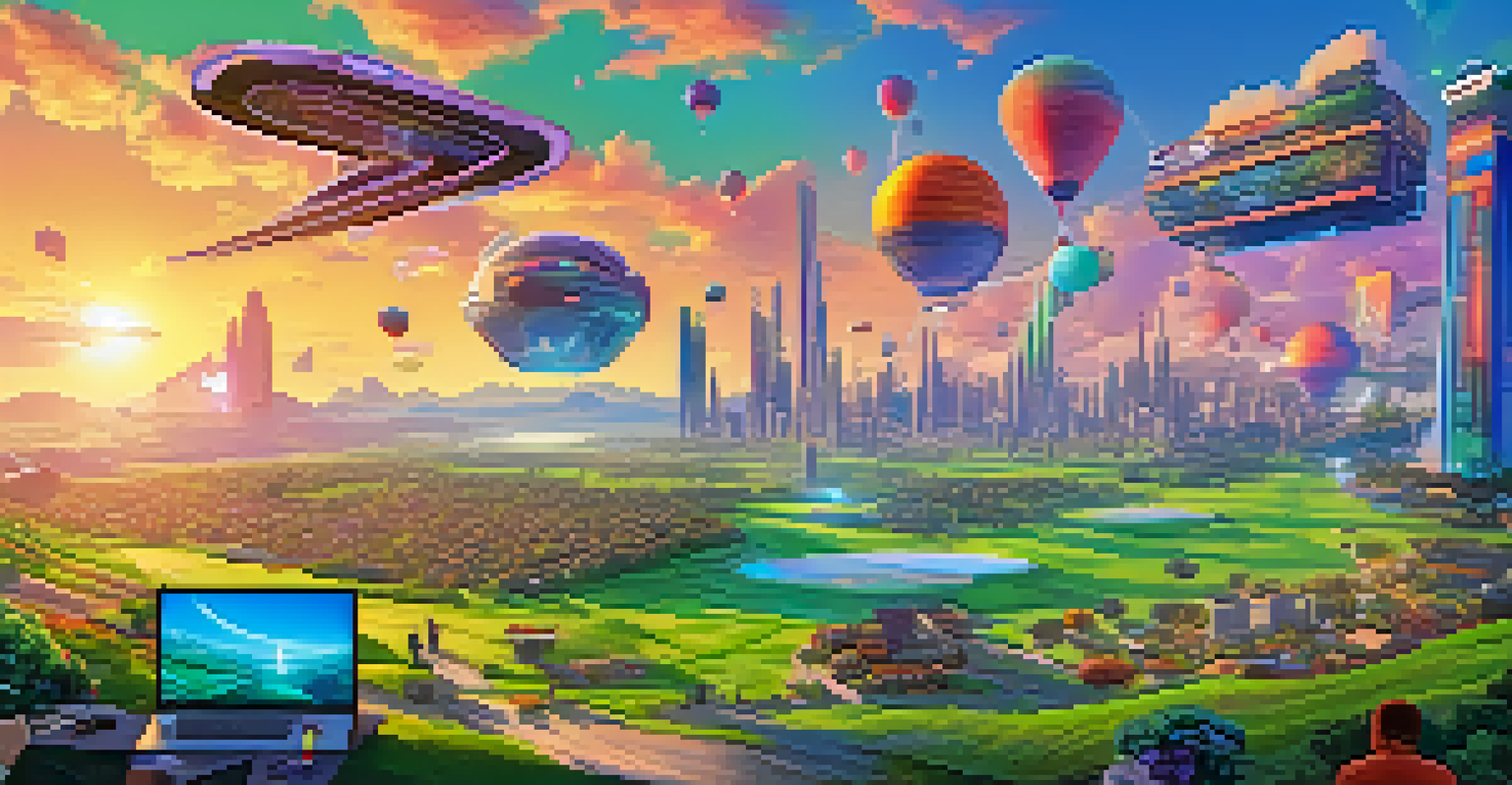 A vibrant virtual reality platform showcasing users trading virtual land parcels in a colorful metaverse environment at sunset.