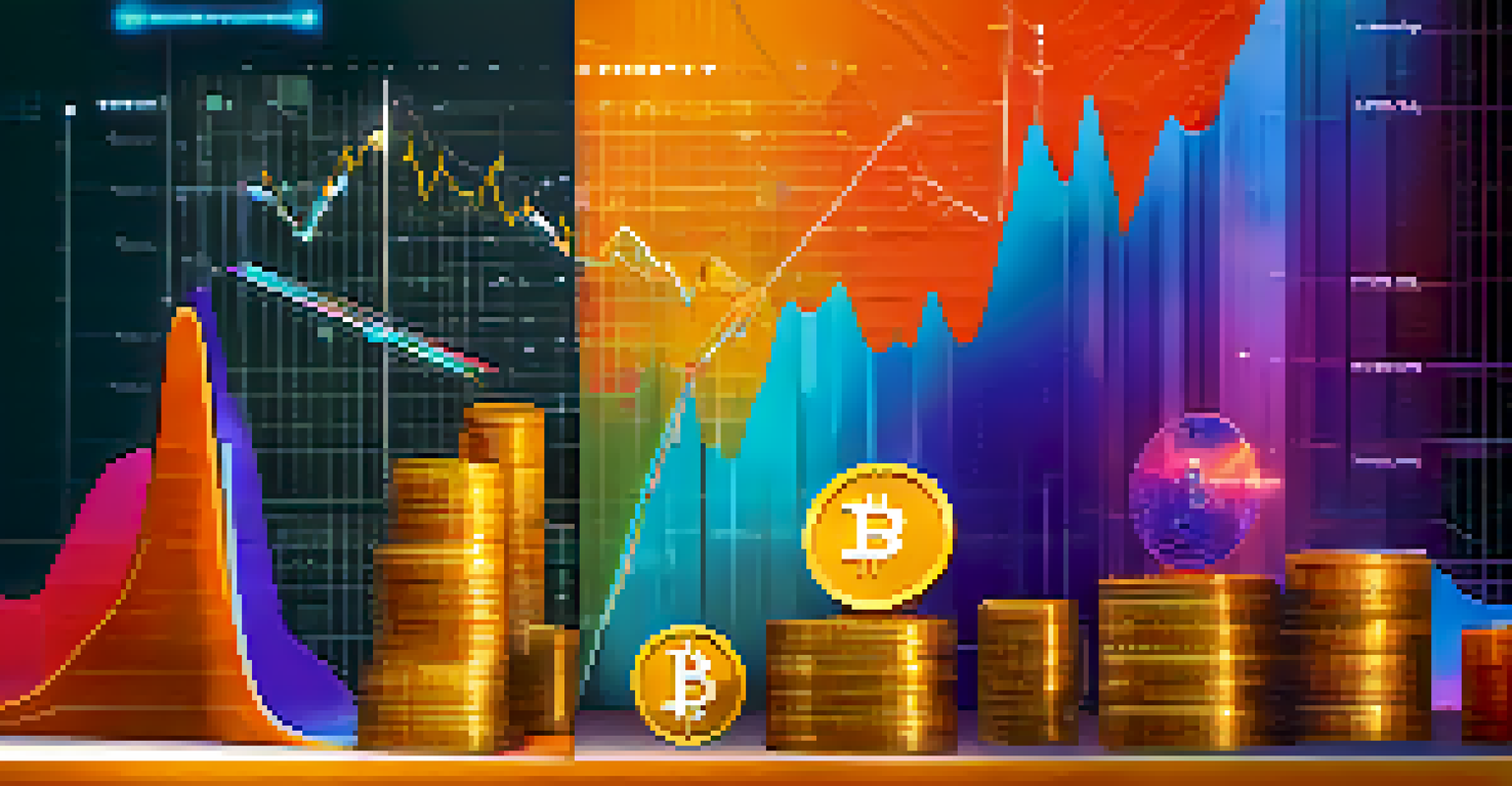 An abstract representation of supply and demand dynamics in cryptocurrency, featuring a balanced scale and fluctuating market trends.
