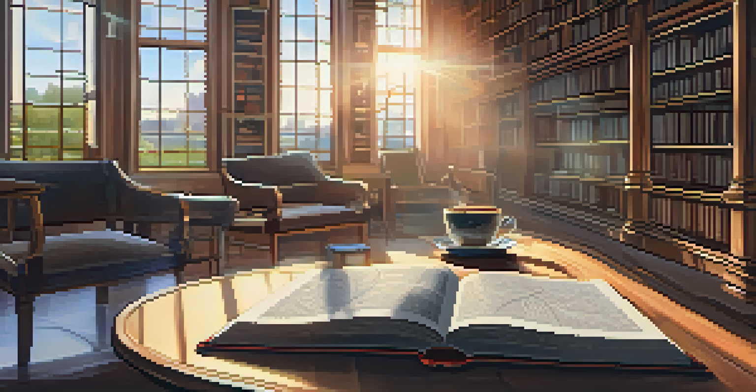 An open book with diagrams about blockchain technology in a cozy library, with sunlight and a cup of tea nearby.
