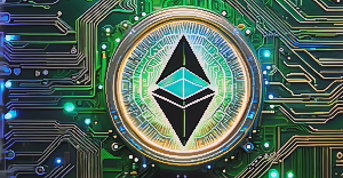 A close-up of the Ethereum logo glowing amidst a backdrop of blue and green neon lights, with detailed circuitry and textures.