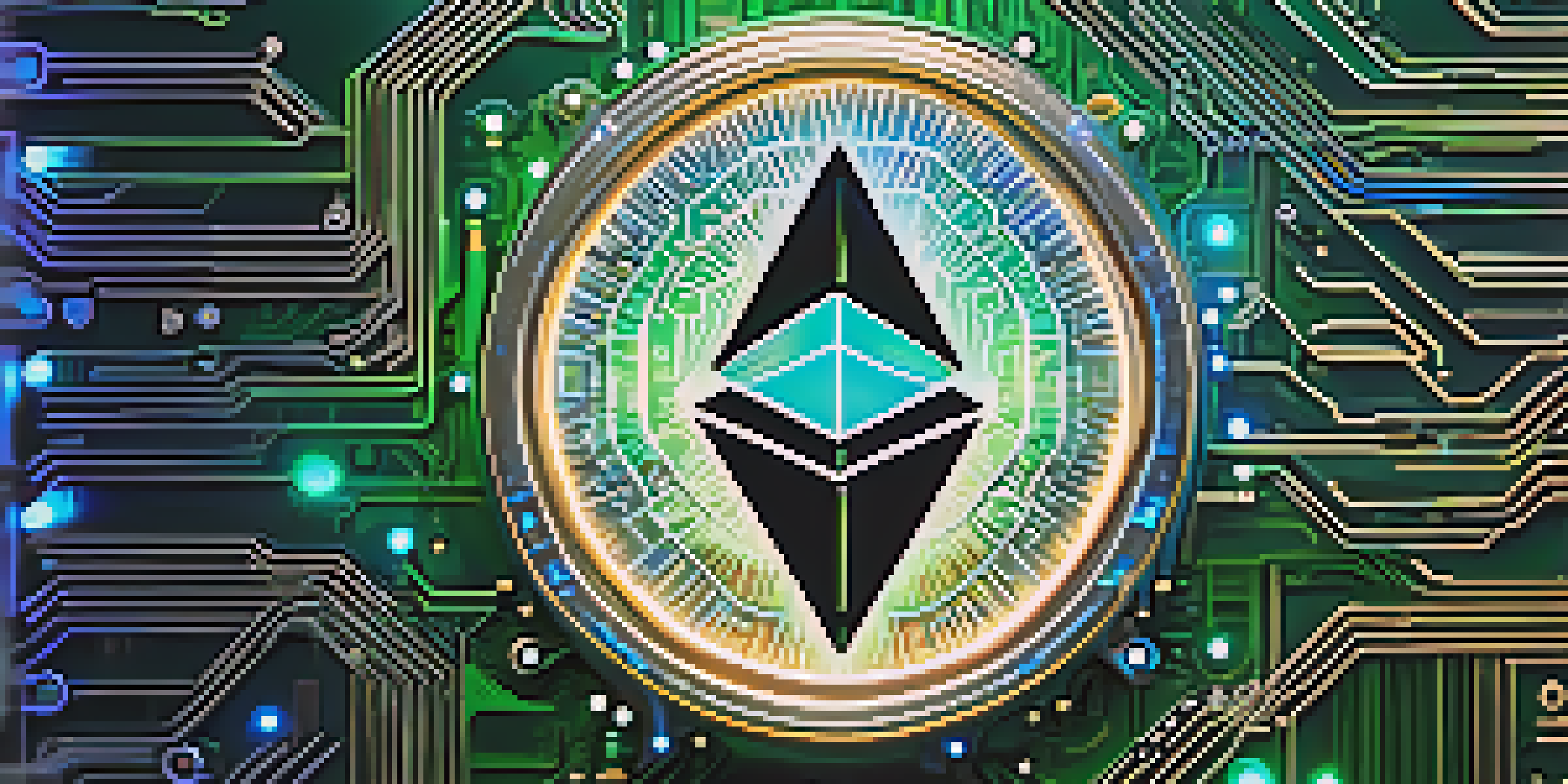 A close-up of the Ethereum logo glowing amidst a backdrop of blue and green neon lights, with detailed circuitry and textures.