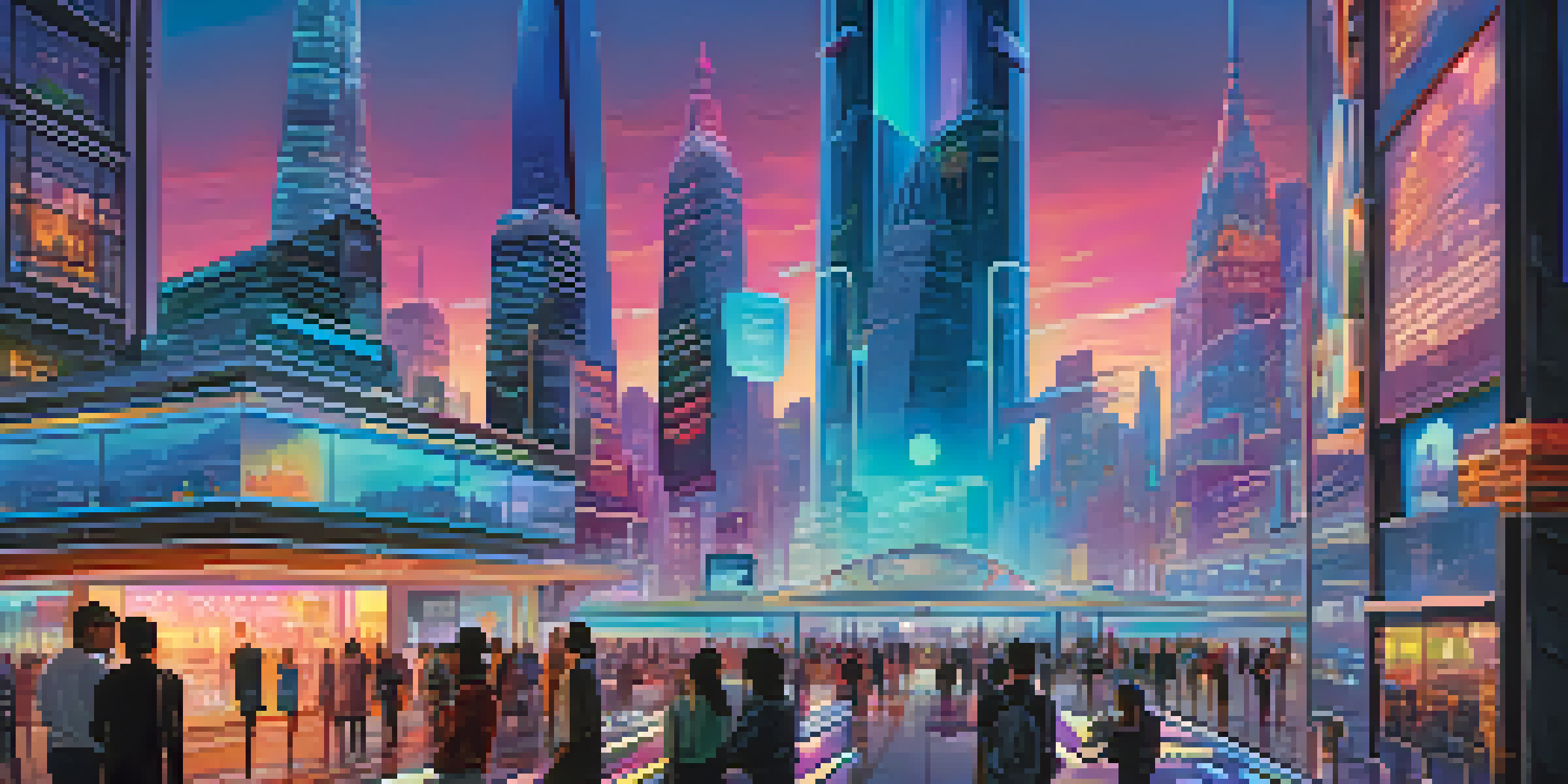 A vibrant futuristic city skyline at dusk with holographic displays and people using augmented reality devices.