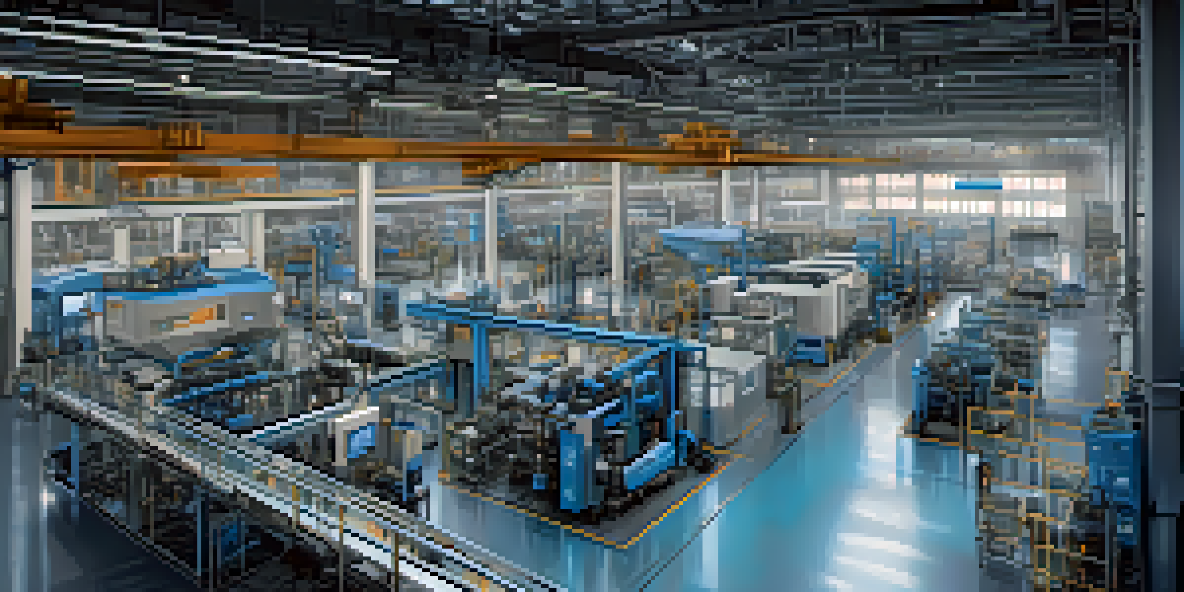 A realistic depiction of a factory floor with machines and digital screens displaying data analytics in a modern industrial setting.