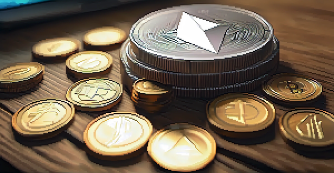 A close-up image of a transparent Ethereum coin on a wooden desk with scattered gwei coins and a computer screen in the background displaying blockchain information.