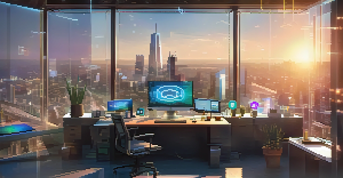 A futuristic digital workspace with holographic displays and tokens representing work hours, overlooking a city skyline.