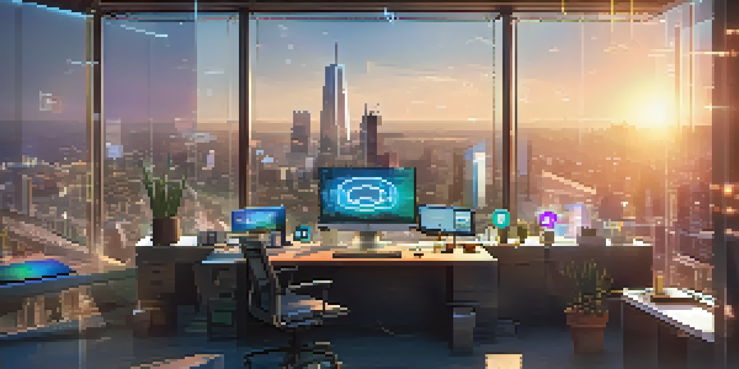 A futuristic digital workspace with holographic displays and tokens representing work hours, overlooking a city skyline.