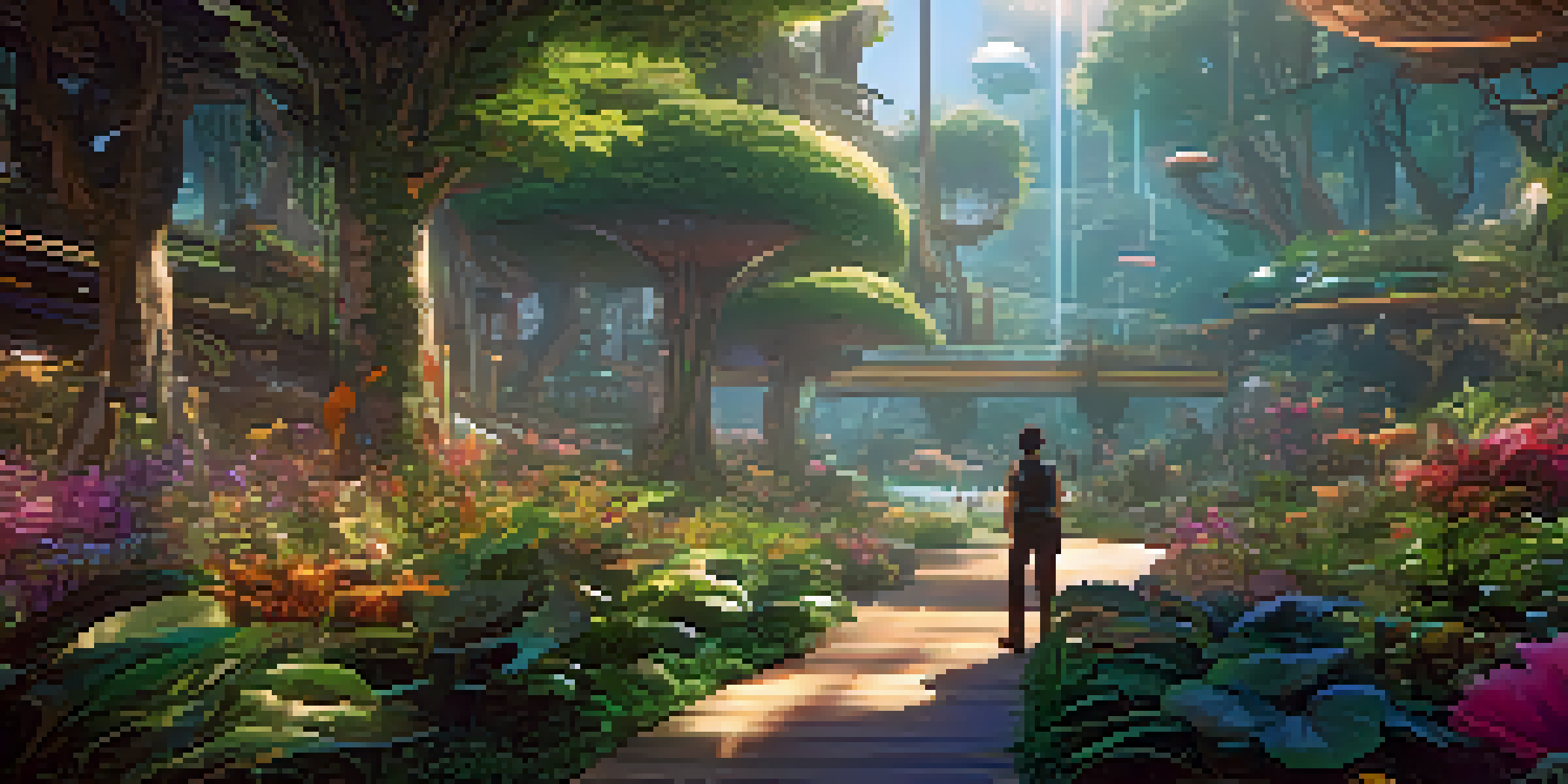 A vibrant futuristic gaming environment with players interacting with holographic displays in a lush landscape.