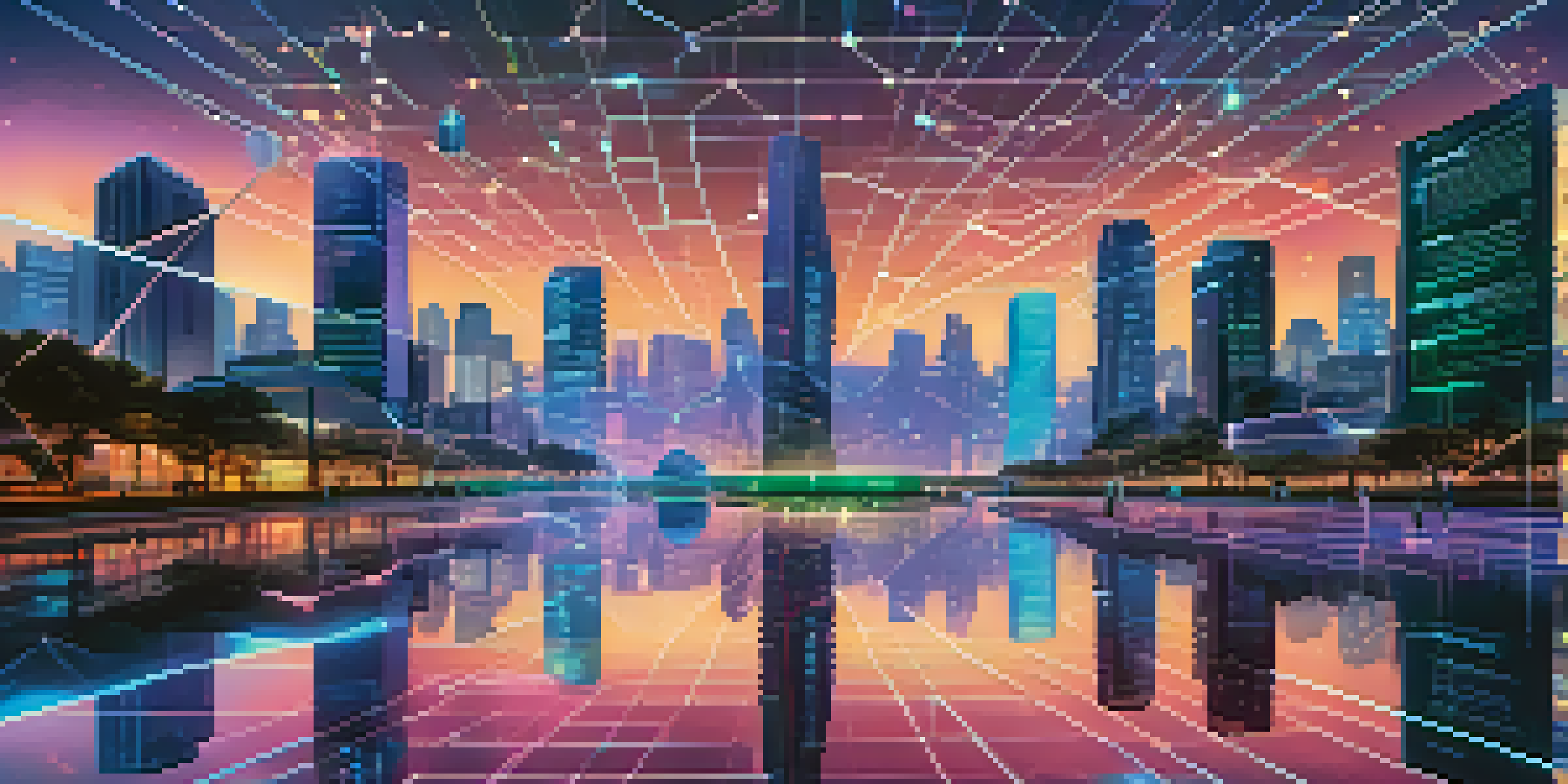 A vibrant futuristic city with glowing nodes symbolizing blockchain networks, under a twilight sky filled with stars.