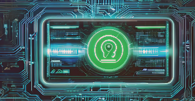A holographic digital identity card with glowing circuit patterns in blue and green colors, representing digital security.