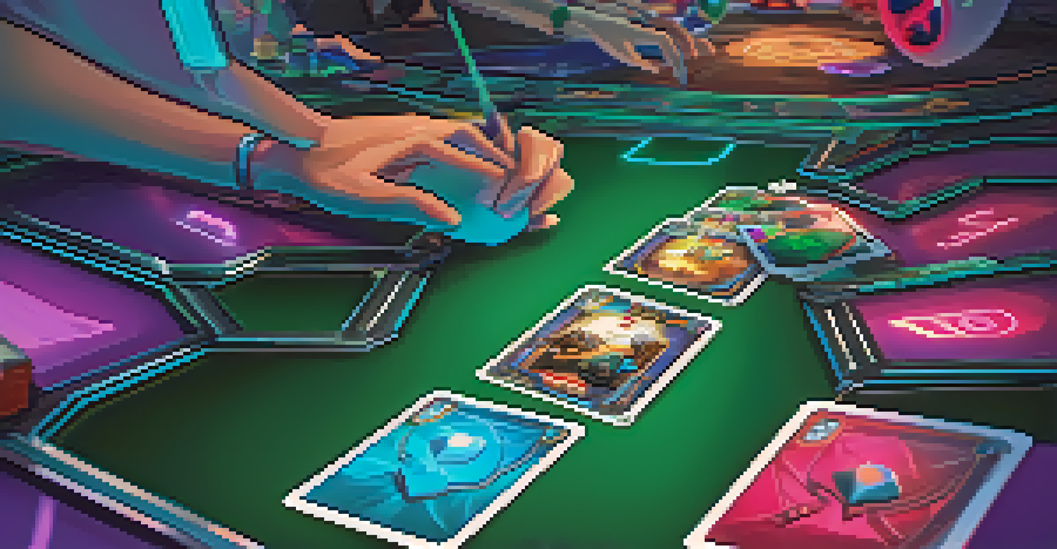 A player's hand holding colorful trading cards in a mystical gaming arena, emphasizing the excitement of a digital card game.