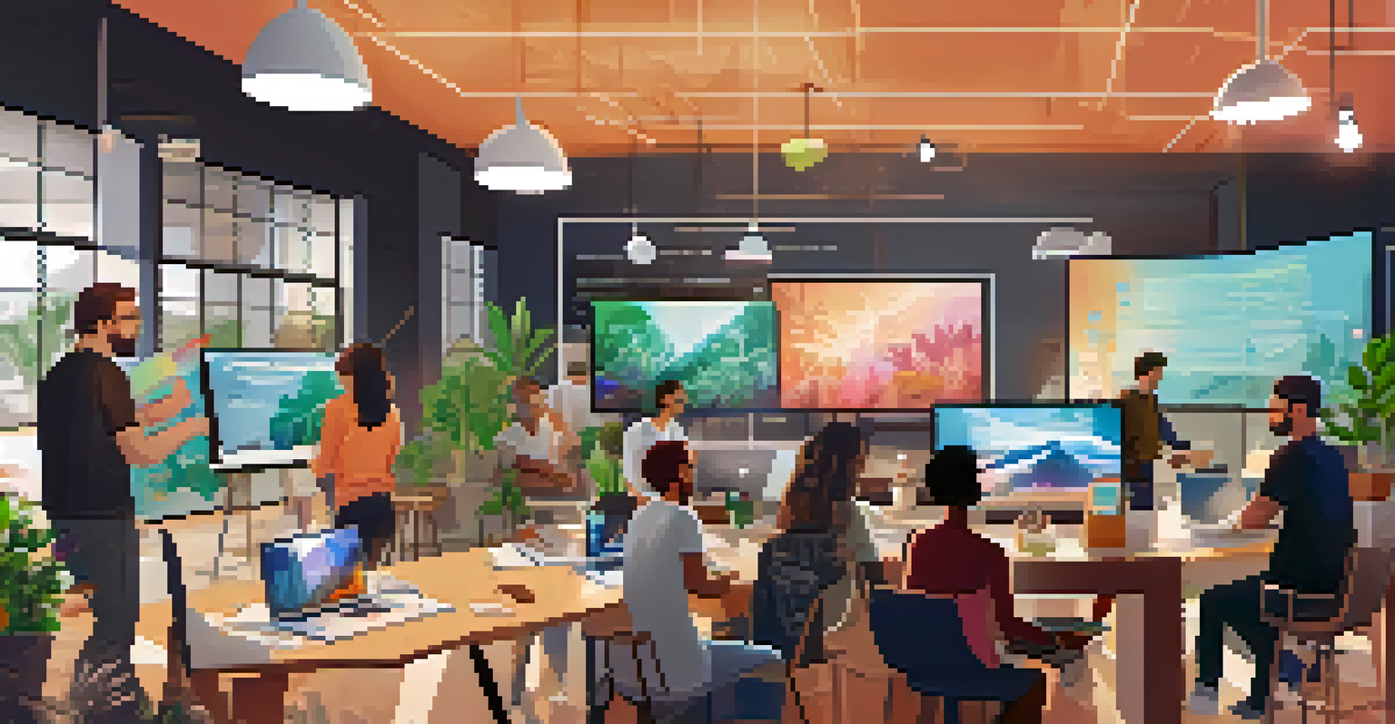 A diverse group of developers working together at a table, surrounded by laptops and brainstorming ideas for a dApp in a modern setting.