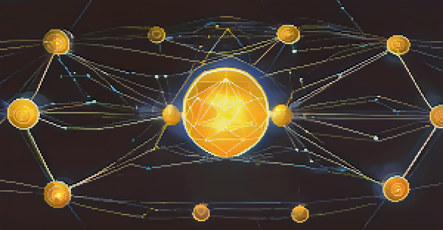 An abstract image showing interconnected nodes representing Ethereum 2.0 validators, with glowing orbs on a dark blue background.