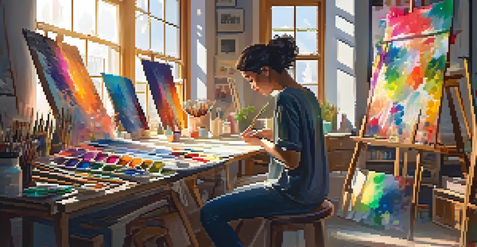 An artist in a bright and colorful digital art studio, painting on a canvas with various art supplies around them.