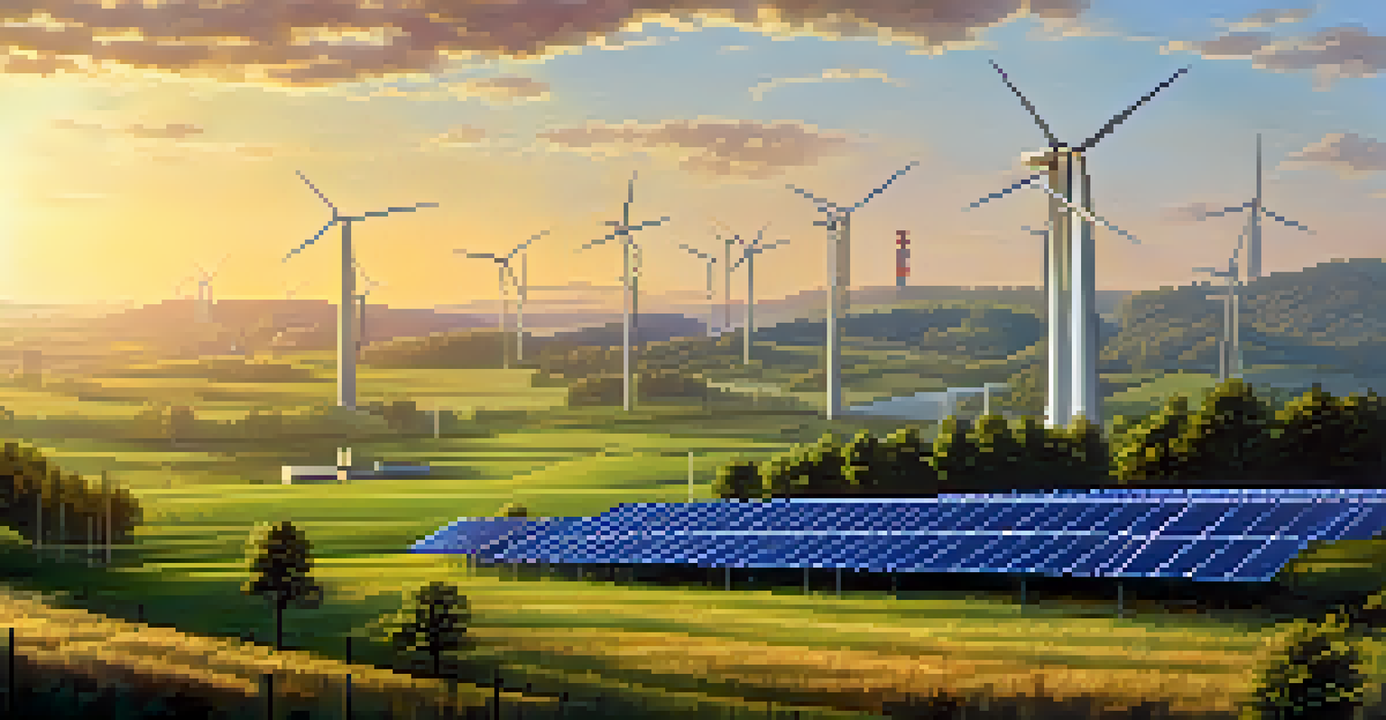 A landscape showing a transition from coal-powered plants to renewable energy with wind turbines and solar panels, symbolizing EIP-3675.