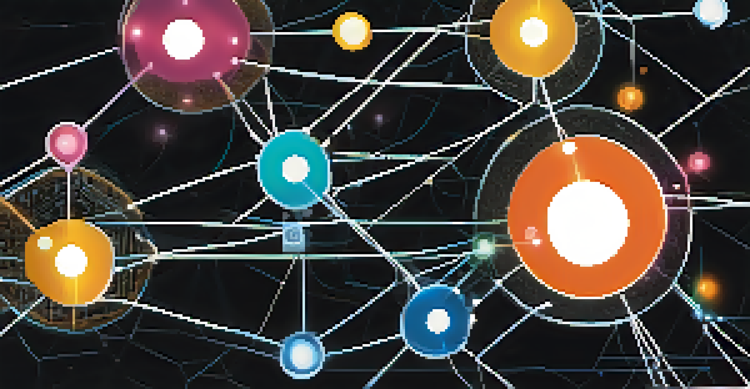 An intricate illustration of a blockchain network, featuring glowing nodes and interconnected lines against a dark background.