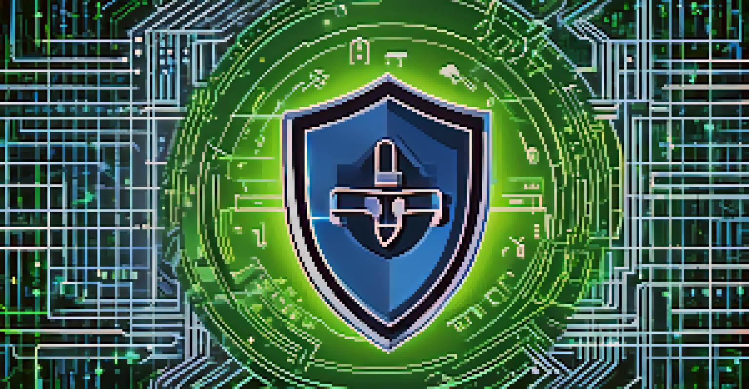 An abstract image illustrating smart contract security with a digital shield and binary code in blue and green hues.