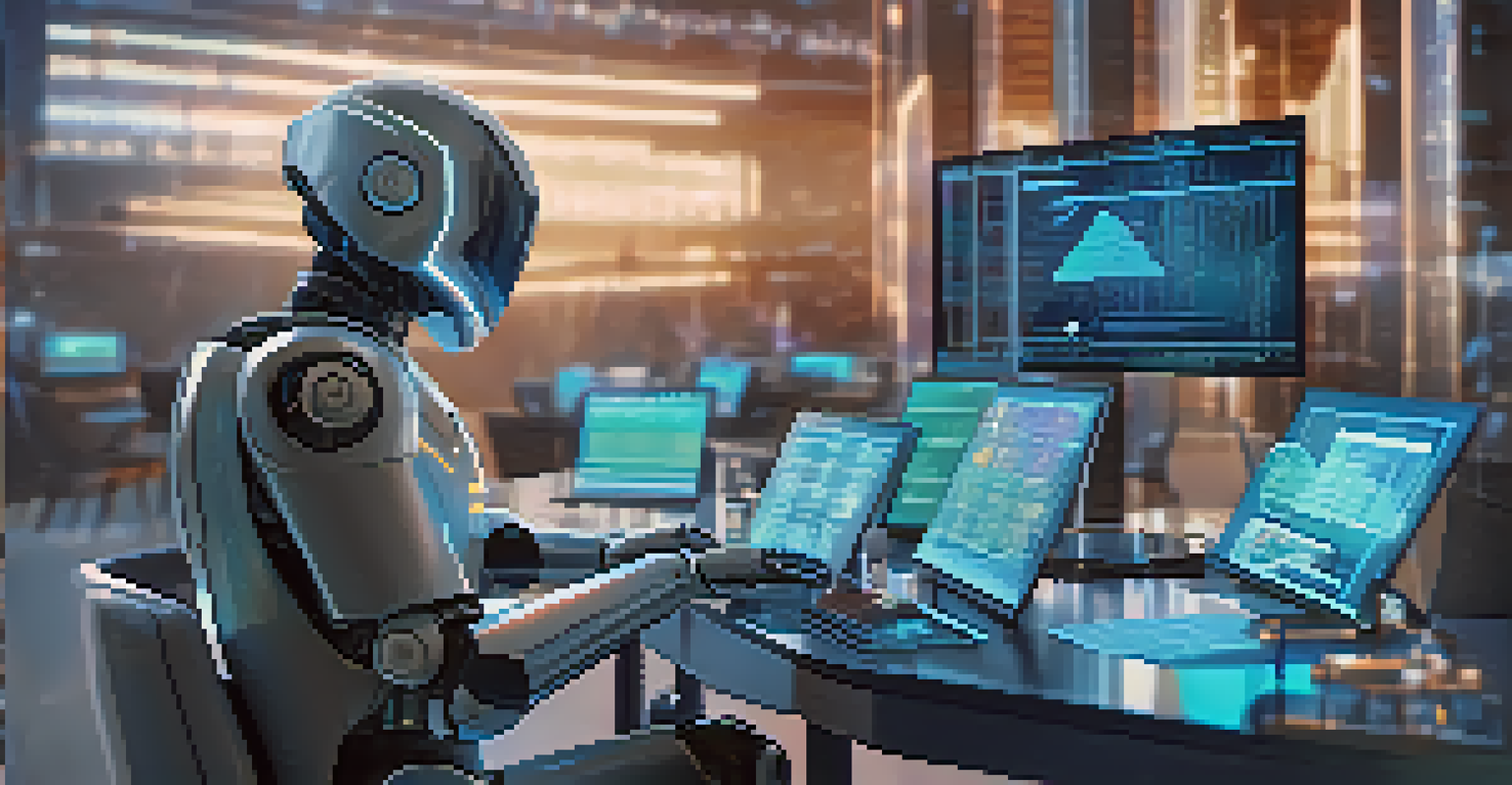 A friendly AI robot examining code on a large screen, with digital charts in the background representing security and compliance.