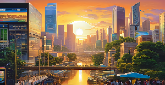 A modern city skyline at sunset with a mix of traditional and futuristic architecture, featuring people using digital devices in the foreground.