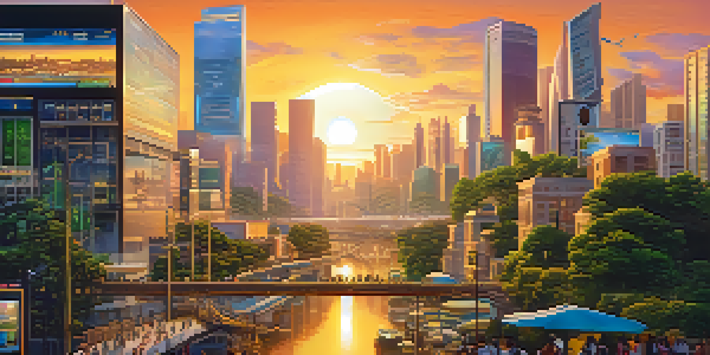 A modern city skyline at sunset with a mix of traditional and futuristic architecture, featuring people using digital devices in the foreground.